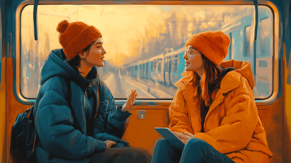 Two friends talking on a train